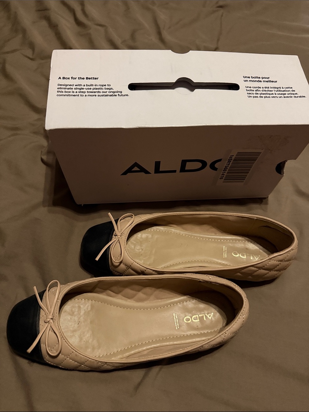 ALDO Quilted Beige Ballet Flats with Black Cap Toe
